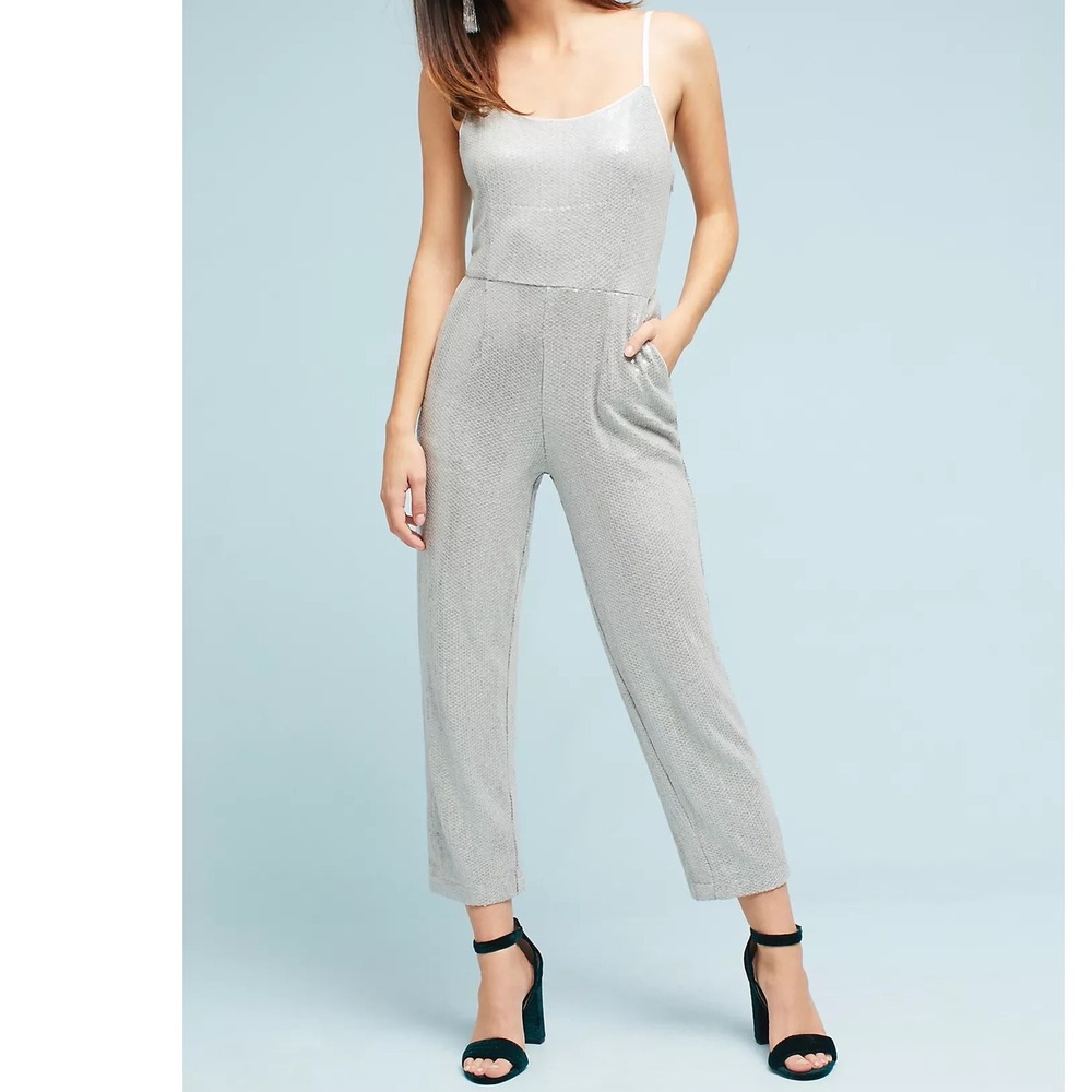 Anthropologie Ett:twa Claudette Jumpsuit Women 2 Silver Sequin Party Glam NYE